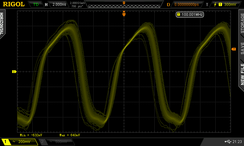 A somewhat-rounded square wave, consistent with probing a 100MHz clock.