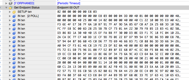 protocol analyzer capture showing that a request for a status packet with a longer length set retrieves much more data than a status packet should